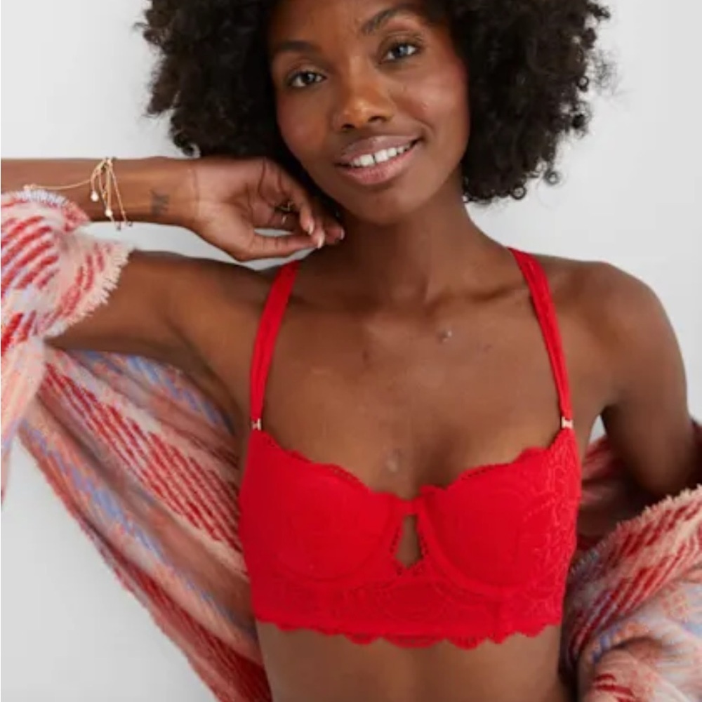 Aerie Red Lace Sexy Fem “Real Power” Lightly Lined Balconette Bra